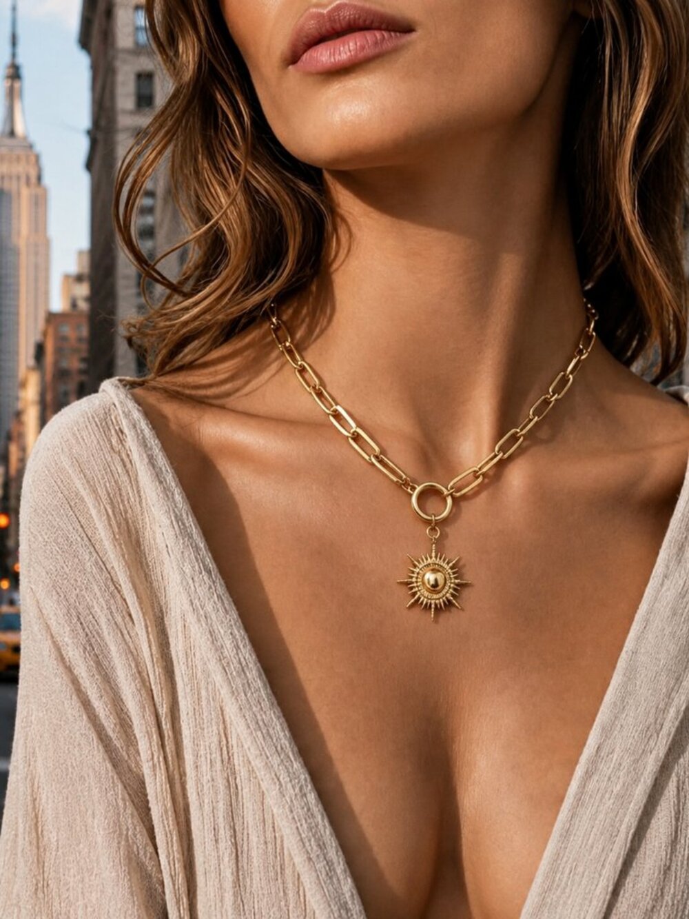 Gold Sunburst Pendant Chunky Chain Necklace - Women Jewelry
